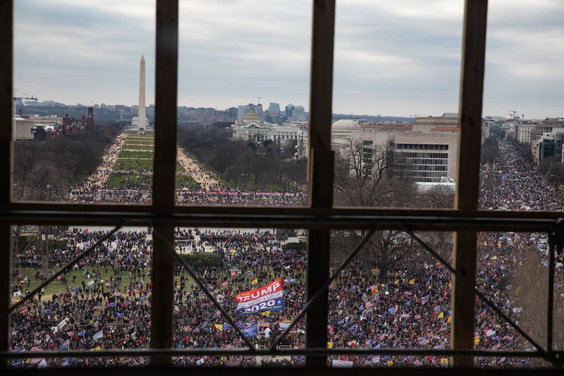 A crowd of Trump supporters as seen from inside the U.S. Capitol on January 6, 2021 in Washington, DC. 