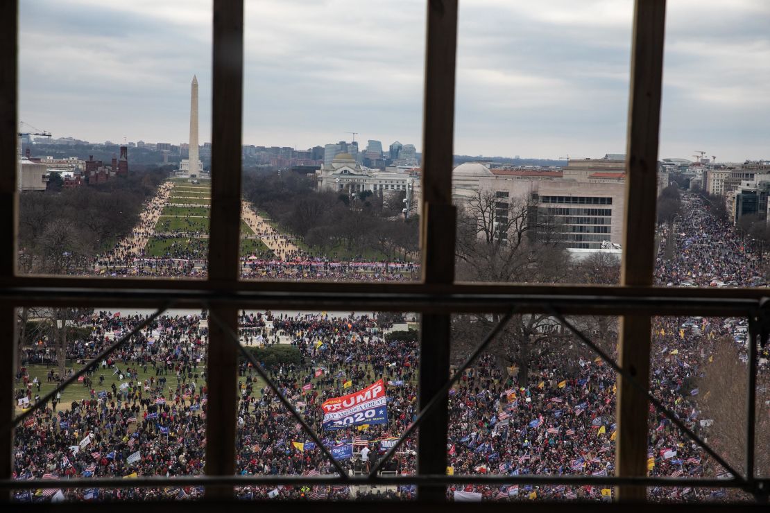 A crowd of Trump supporters as seen from inside the U.S. Capitol on January 6, 2021 in Washington, DC.