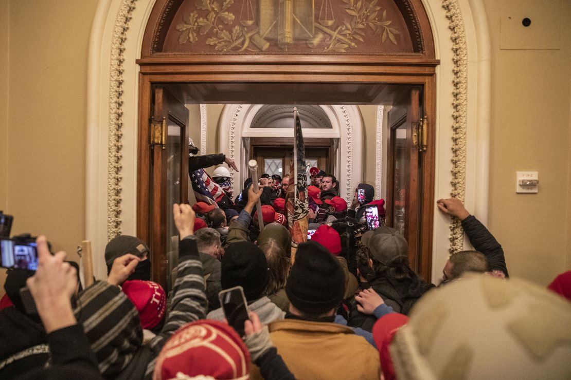 Rioters inside the Capitol after breaching barricades on Jan. 6, 2021. 