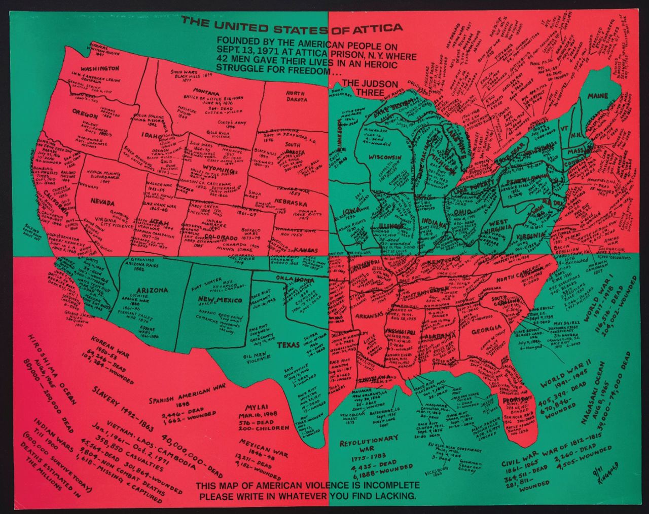 Ringgold created United States of "Attica" (1972) to honor the men who died in the Attica prison demonstration.