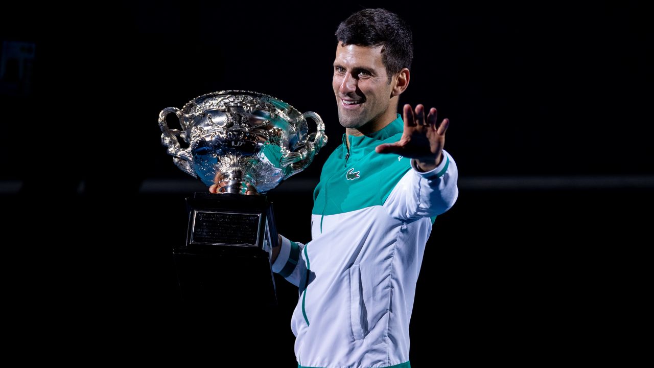 Djokovic celebrates winning the Australian Open at Melbourne Park on February 21, 2021.