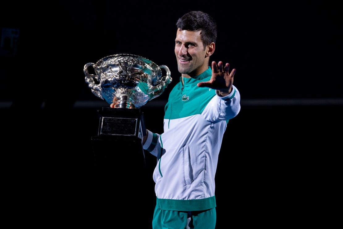 Djokovic celebrates winning the Australian Open at Melbourne Park on February 21, 2021.