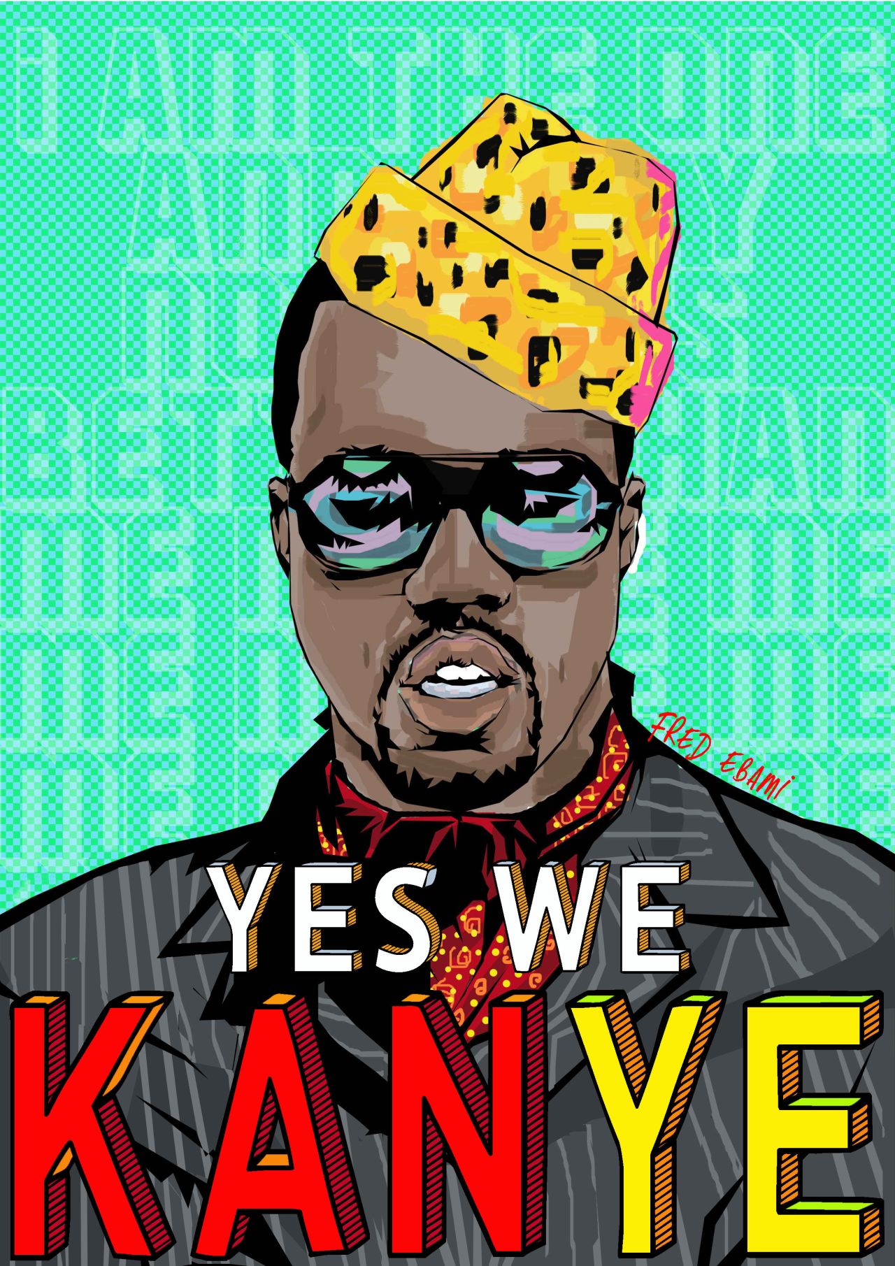 Franco-Cameroonian artist Fred Ebami has coined the phrase "New Pop" to describe his contemporary interpretation of the Pop Art genre. He finds a balance between celebration and satire in his portraits of celebrities, such as this image of American rapper Kanye West dressed as Mobutu Sese Seko, former leader of Zaire (now the Democratic Republic of the Congo). Yes we KANye, 2012.