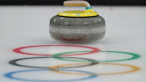 A picture of a curling stone and the Olympic Rings during the PyeongChang 2018 Winter Olympic Games.