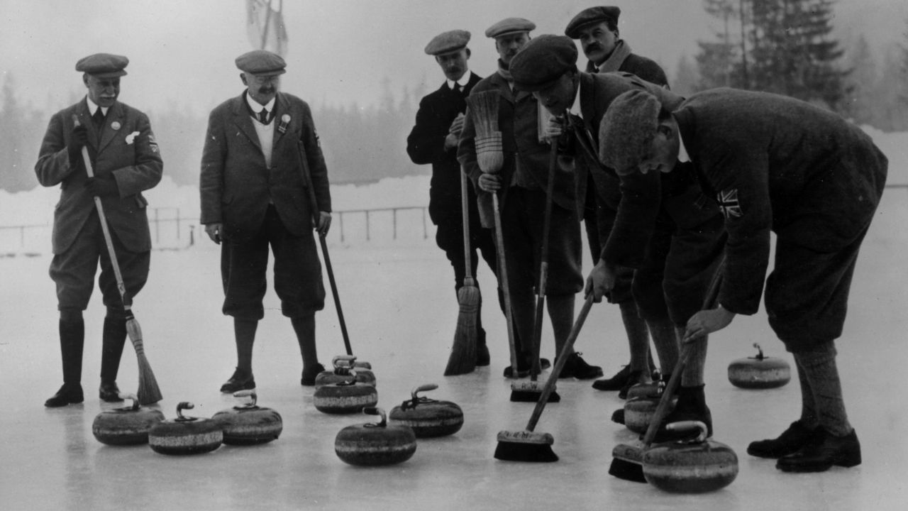 The British curling team during the 1924 Winter Olympics at Chamonix, France.
