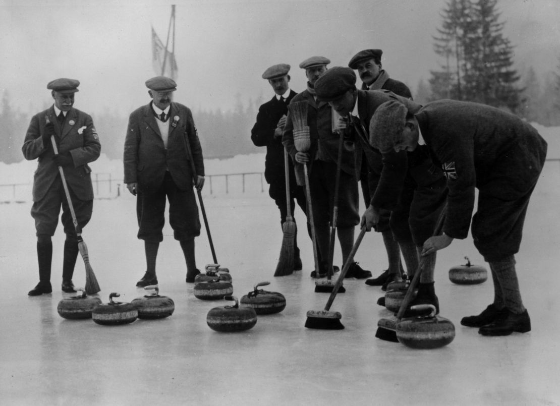 The British curling team during the 1924 Winter Olympics at Chamonix, France.