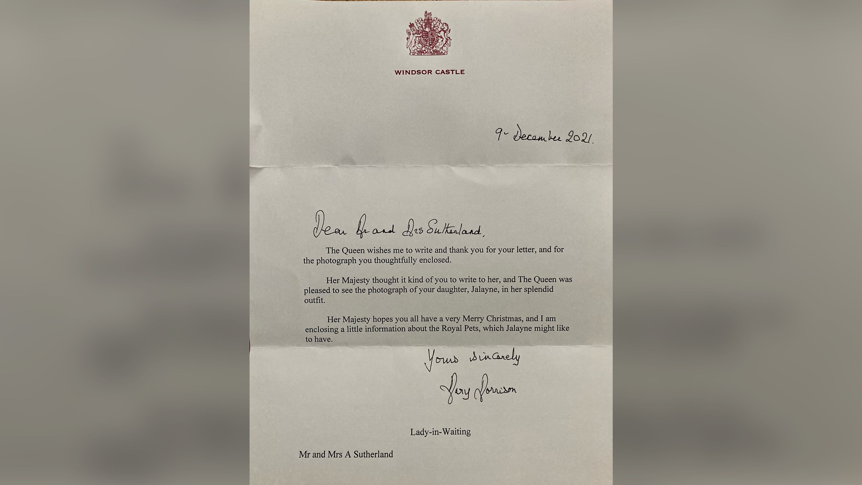 The letter the Sutherland's recieved on December 27 from Windsor Castle.