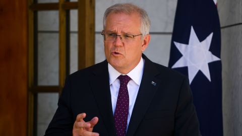 Australian Prime Minister Scott Morrison speaks at a news conference following a national cabinet meeting, at Parliament House in Canberra on December 30, 2021.