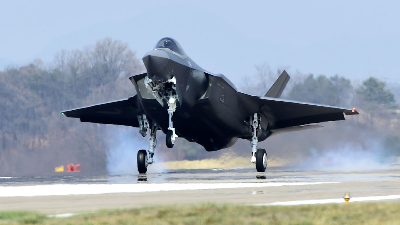 A US-made F-35A fighter jet lands at Chungju Air Base, South Korea, on March 29, 2019.