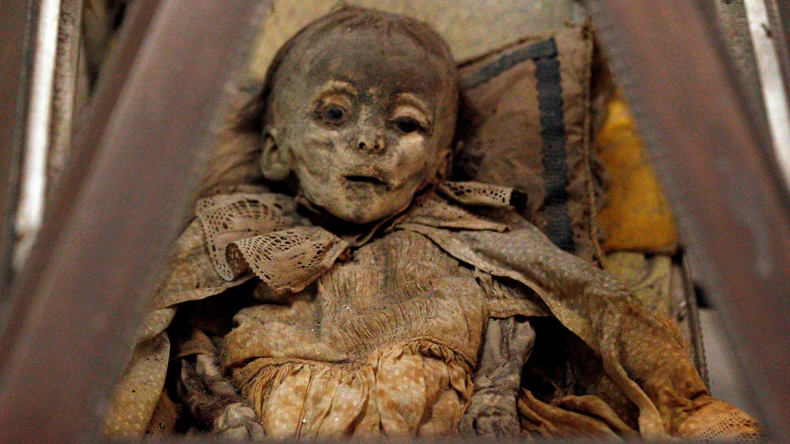 The fully-clothed remains of a child at the Capuchin Catacombs pictured in January 2011.