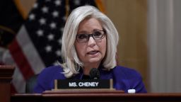 Rep. Liz Cheney [R-WY] speaks as the US congressional committee investigating the January 6 attack at the Capitol, at the Cannon Office Building on October 19, 2021 in Washington, DC.