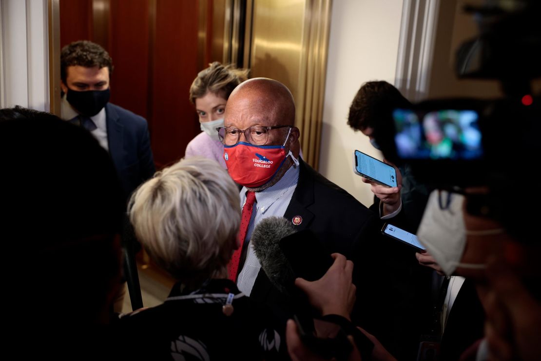 Rep. Bennie Thompson, chair of the select committee investigating the January 6 attack, speaks to reporters after a business meeting on Capitol Hill on December 13, 2021.