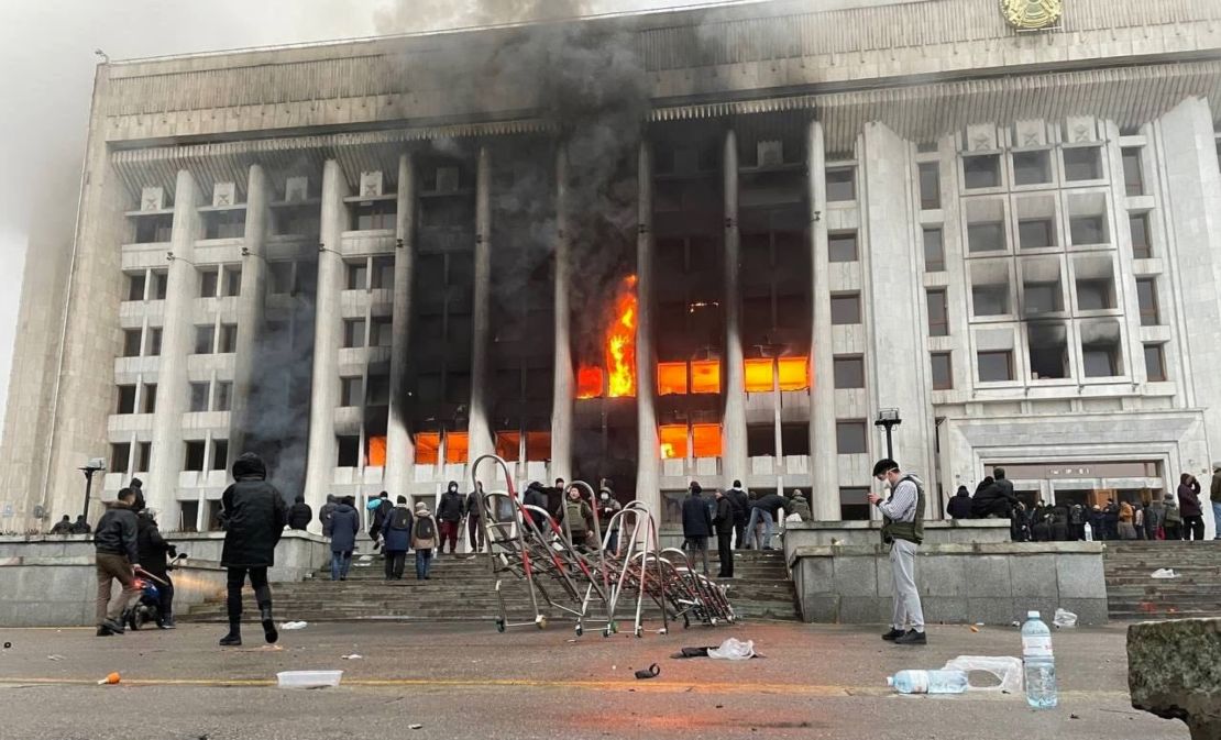 Protesters set fire to the city administration building in Almaty, Kazakhstan's largest city, on January 5.