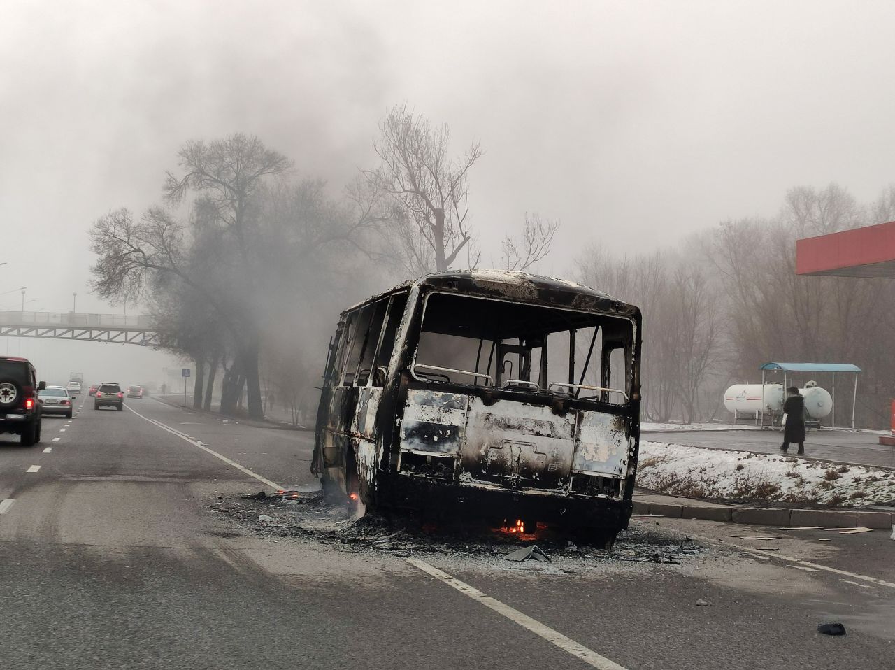 A burned bus is seen in Almaty on January 5.