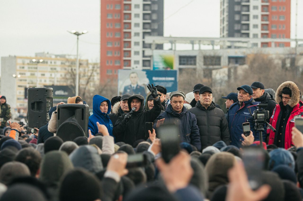 People protest in Aktau, Kazakhstan, on January 4.