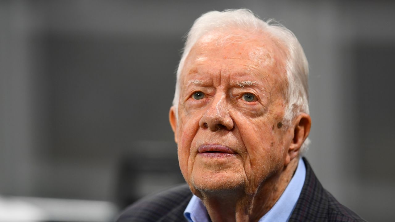 ATLANTA, GA - SEPTEMBER 30: Former president Jimmy Carter prior to the game between the Atlanta Falcons and the Cincinnati Bengals at Mercedes-Benz Stadium on September 30, 2018 in Atlanta, Georgia. (Photo by Scott Cunningham/Getty Images)