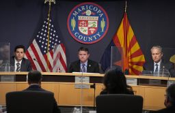 Maricopa County Board of Supervisors Thomas Galvin, left, Chairman Bill Gates, center, and Vice Chairman Clint Hickman listen to the response by election officials to claims about the 2020 election, in Phoenix on Wednesday, January 5, 2022.