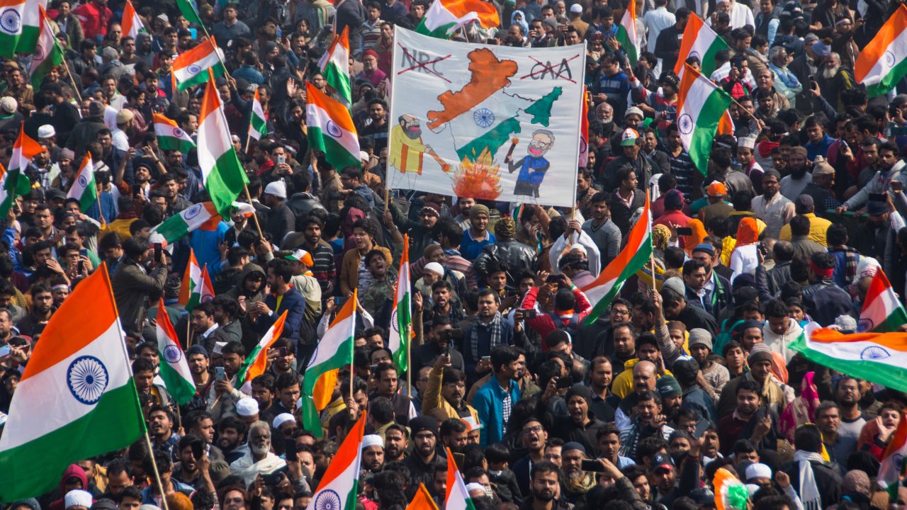 Thousands of people gather to mark protest against the Citizenship Amendment Act law in Delhi, India, on January 26, 2020. 