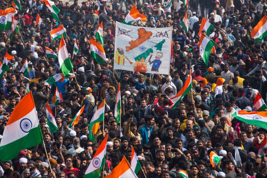 Thousands of people gather to mark protest against the Citizenship Amendment Act law in Delhi, India, on January 26, 2020. 