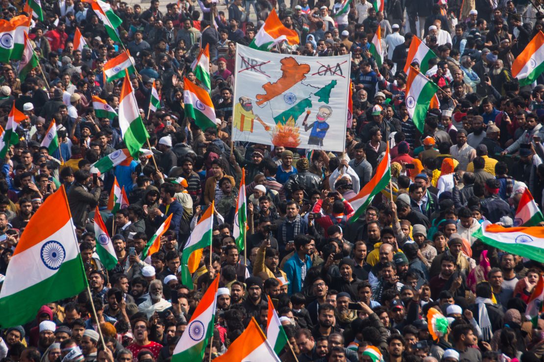 Thousands of people gather to mark protest against the Citizenship Amendment Act law in Delhi, India, on January 26, 2020.