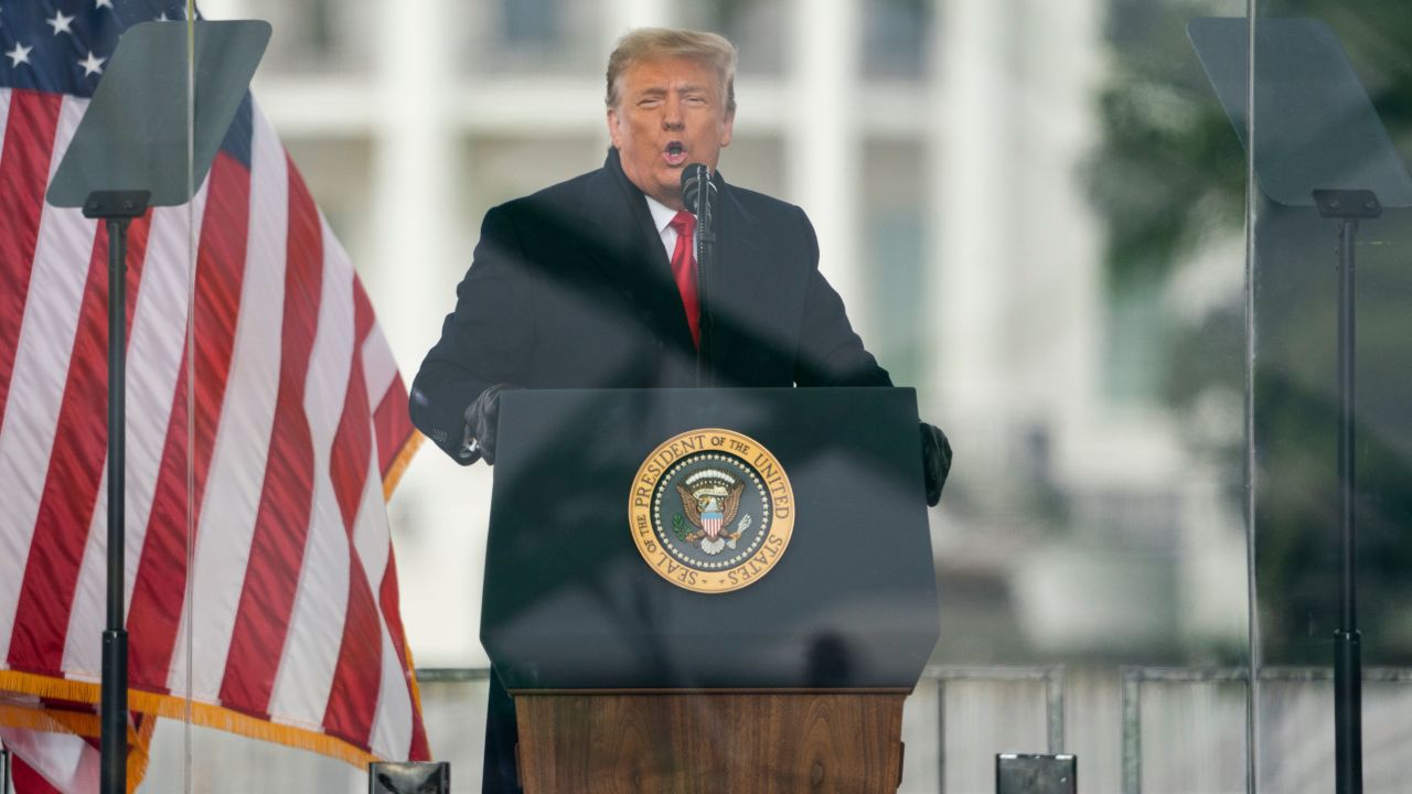 In this Jan. 6, 2021, file photo then-President Donald Trump speaks during a rally protesting the electoral college certification of Joe Biden as President in Washington. 
