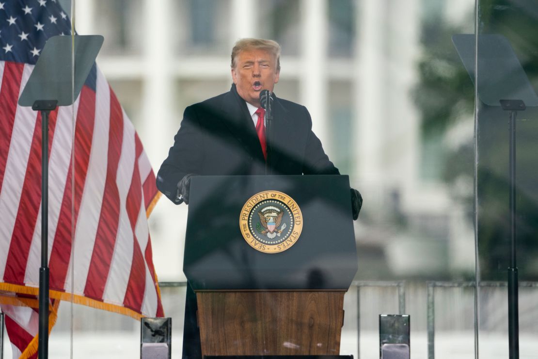 President Donald Trump speaks during a January 6, 2021, rally in Washington  protesting the electoral college certification of Joe Biden as President. 