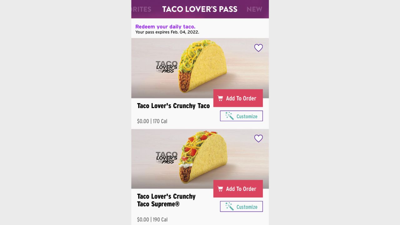 The Taco Lover's Pass is only available in the Taco Bell app.