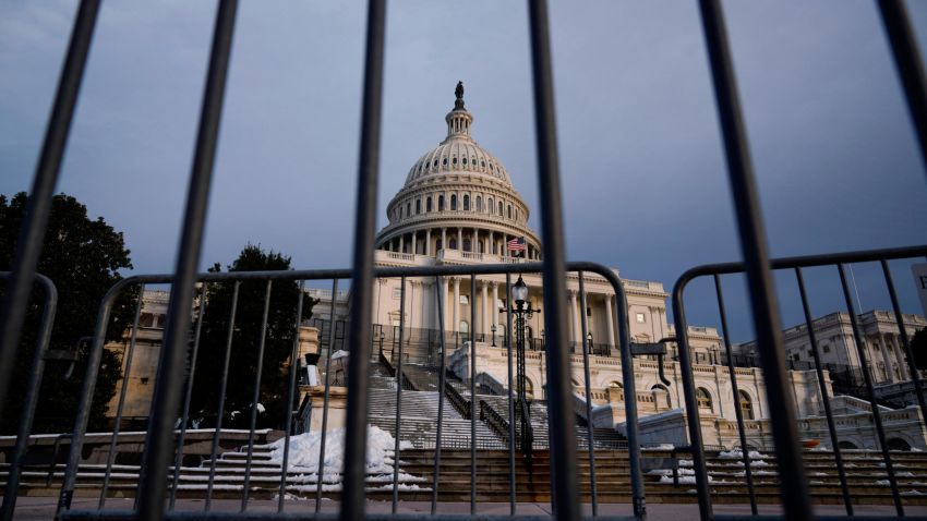 Security bike fences stand near the West Front of the Capitol on January 5, 2022 in Washington.