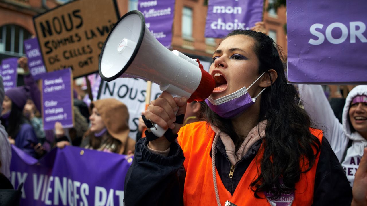 Women take part in a protest march against sexual violence and patriarchy organized by the feminist collective NousToutes in the southwestern French city of Toulouse in November 2021.