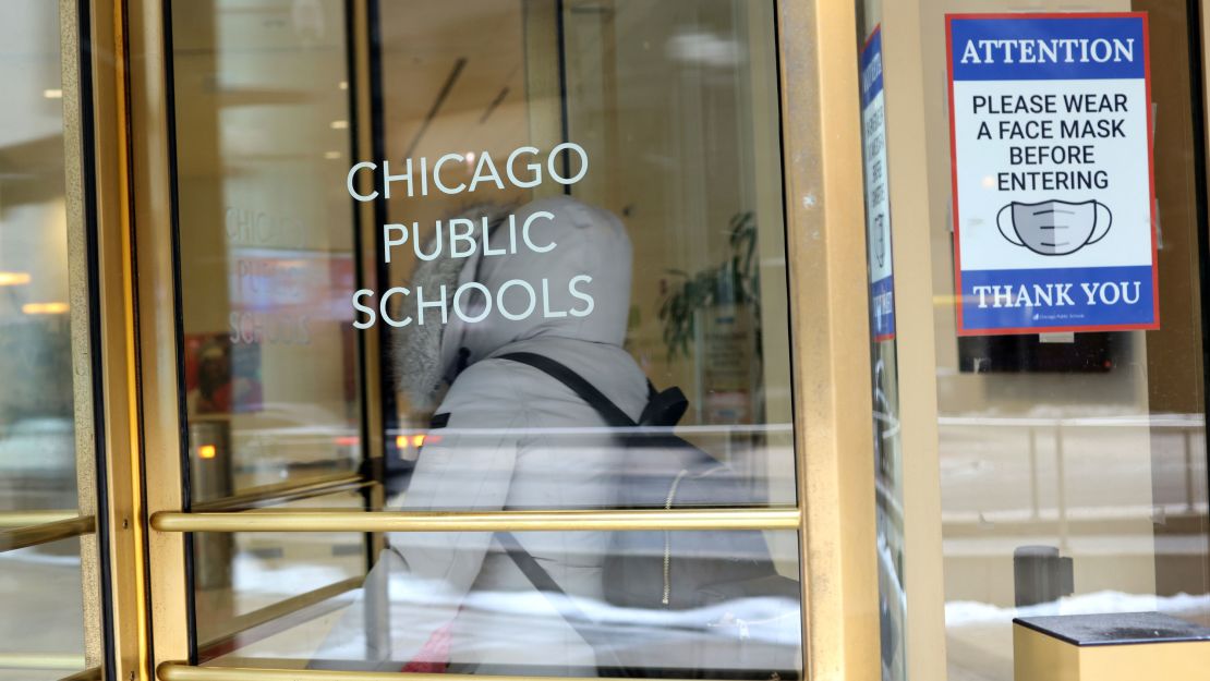 A sign is displayed at the entrance of the headquarters for Chicago Public Schools on January 5, 2022, in Chicago, Illinois.