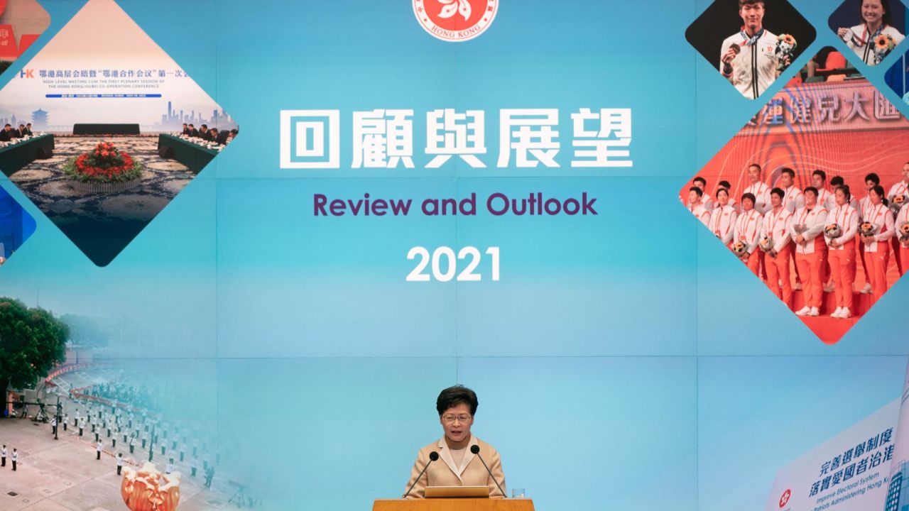 Chief Executive Carrie Lam speaks at a press conference on December 30, 2021 in Hong Kong.