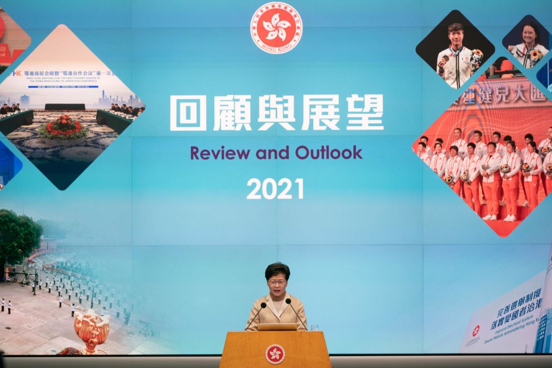 Chief Executive Carrie Lam speaks at a press conference on December 30, 2021 in Hong Kong.