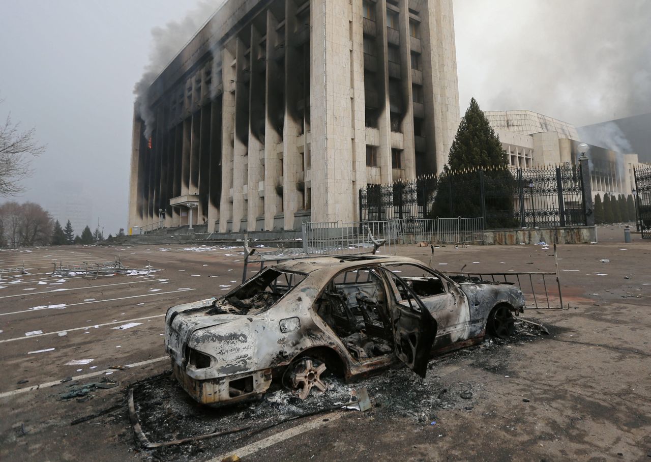 The mayor's office in Almaty is seen on January 6, a day after it was torched by protesters.