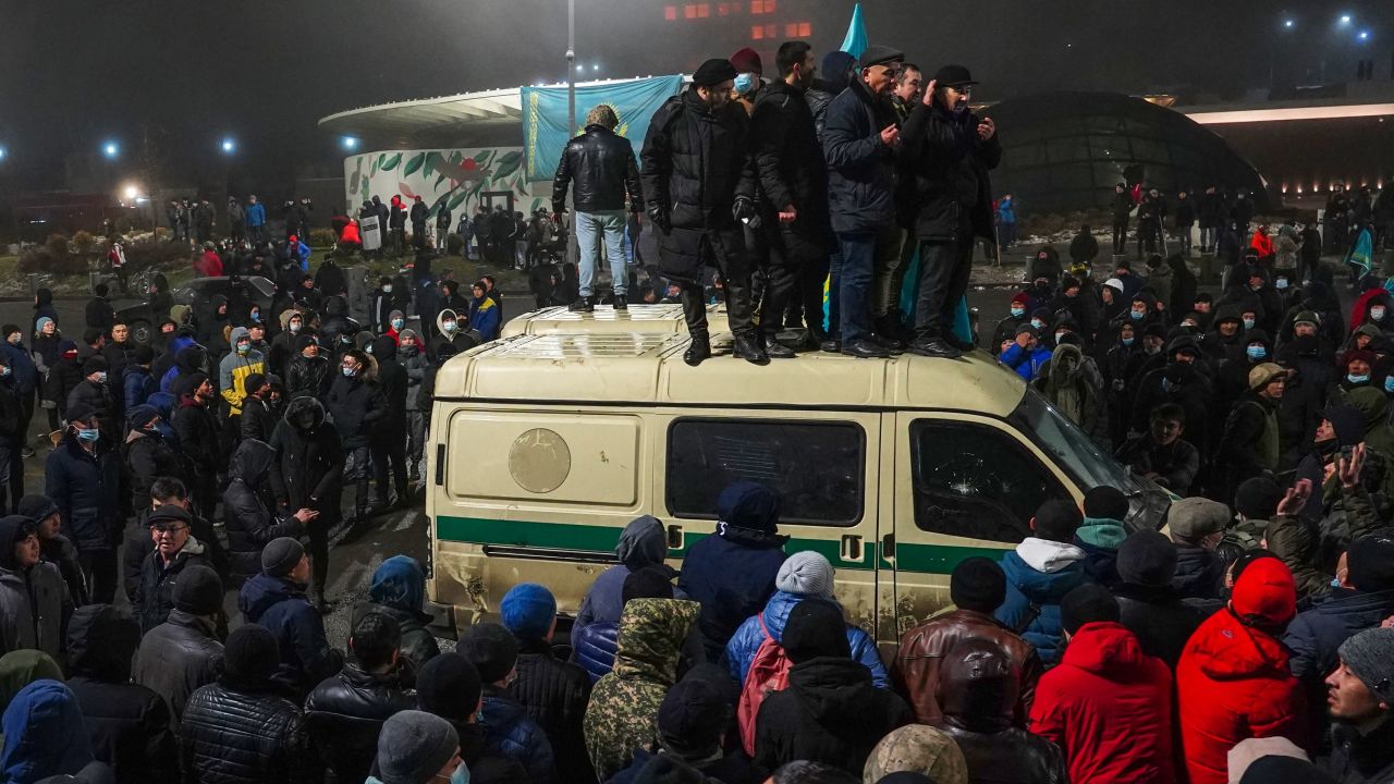 Protesters rally in Almaty on January 5.
