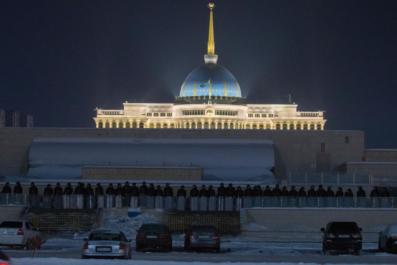 Police guard the Ak Orda Presidential Palace in Nur-Sultan, Kazakhstan, on January 5.