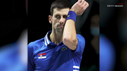 Serbia's Novak Djokovic eyes the ball as he returns to Kazakhstan's Alexander Bublik during the men's singles quarter-final tennis match between Serbia and Kazakhstan of the Davis Cup tennis tournament at the Madrid arena in Madrid on December 1, 2021. (Photo by OSCAR DEL POZO / AFP) (Photo by OSCAR DEL POZO/AFP via Getty Images)