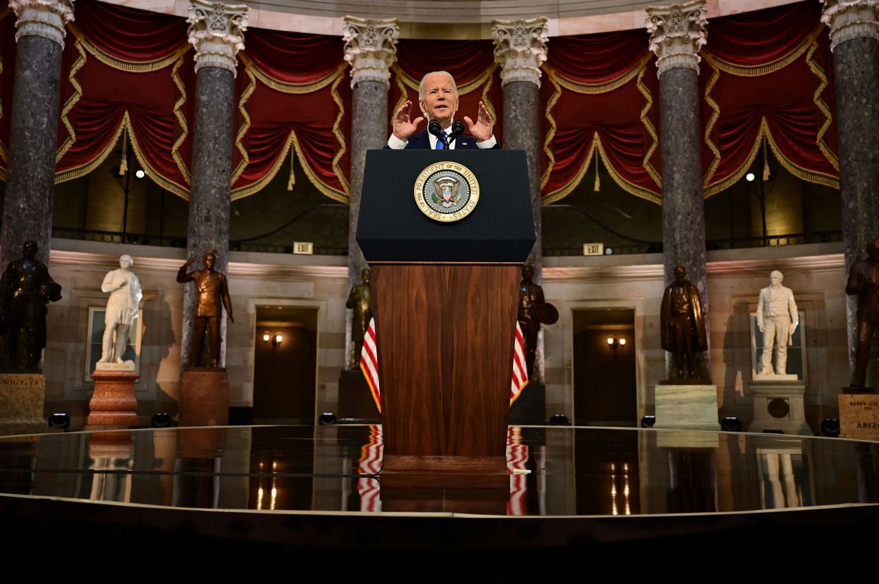 President Joe Biden speaks from the Capitol in January 2022 to mark the one-year anniversary of the <a href=