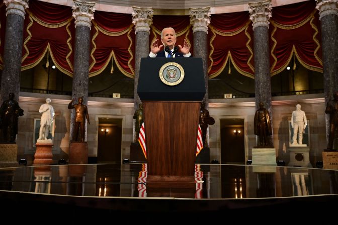 President Joe Biden speaks from the Capitol in January 2022 to mark the one-year anniversary of the <a href="index.php?page=&url=https%3A%2F%2Fwww.cnn.com%2F2022%2F01%2F03%2Fpolitics%2Fgallery%2Fjanuary-6-capitol-insurrection%2Findex.html" target="_blank">Capitol riot</a>. In his remarks, <a href="index.php?page=&url=https%3A%2F%2Fwww.cnn.com%2F2022%2F01%2F06%2Fpolitics%2Fjanuary-6-anniversary%2Findex.html" target="_blank">Biden forcefully called out former President Donald Trump</a> for attempting to undo American democracy. "For the first time in our history, a president had not just lost an election. He tried to prevent the peaceful transfer of power as a violent mob reached the Capitol," Biden said. "But they failed. They failed. And on this day of remembrance, we must make sure that such an attack never, never happens again."