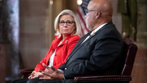 Rep. Liz Cheney and Rep. Bennie Thompson appear at the capitol on the one-year anniversary of the January 6 insurrection. Thompson and Cheney are on the committee investigating the riot. 