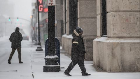 Downtown Louisville, Kentucky, covered in snow, as a winter storm hits the region