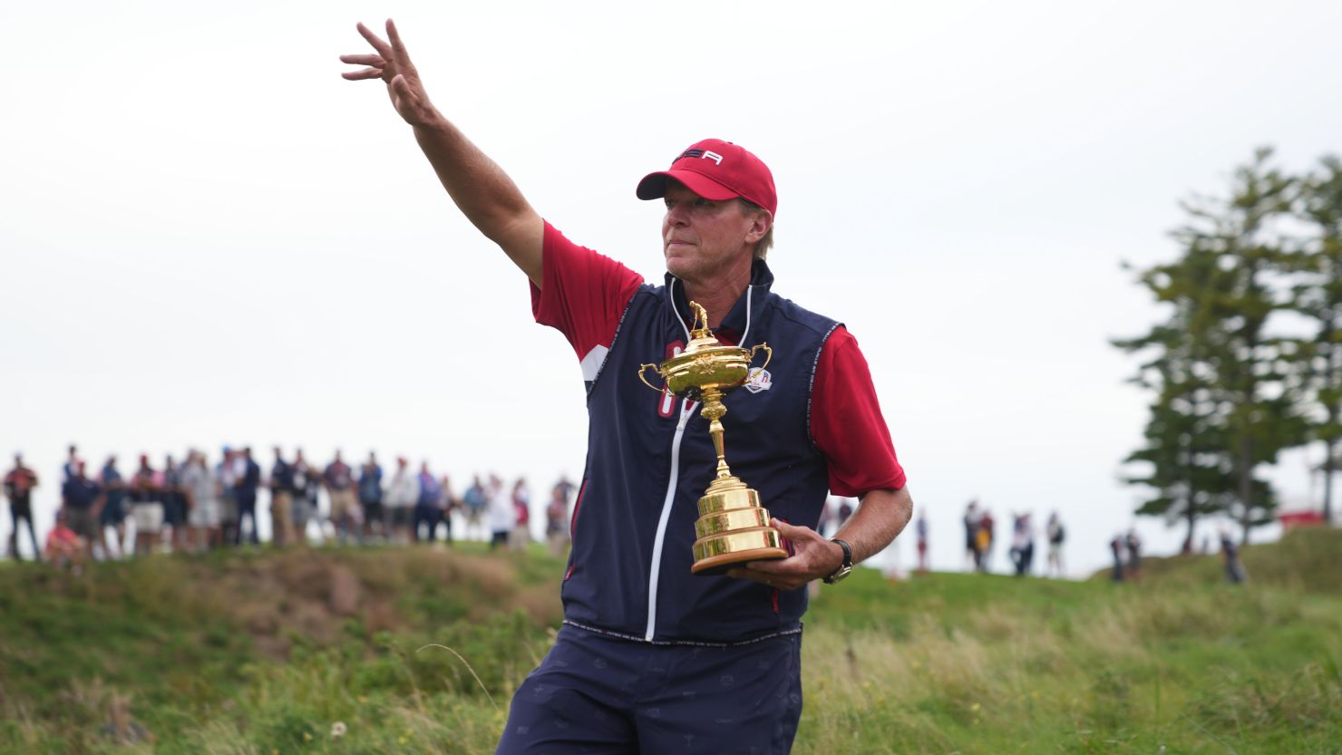 Steve Stricker waves to the crowd after the US victory in the 2021 Ryder Cup.