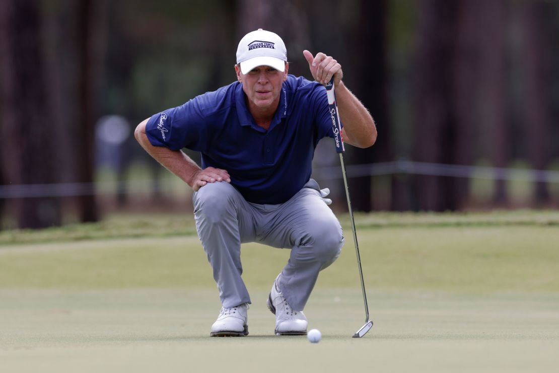 Stricker plays a shot on the 16th hole during the first round of the PGA Tour Champions Constellation FURYK & FRIENDS on October 8, 2021.