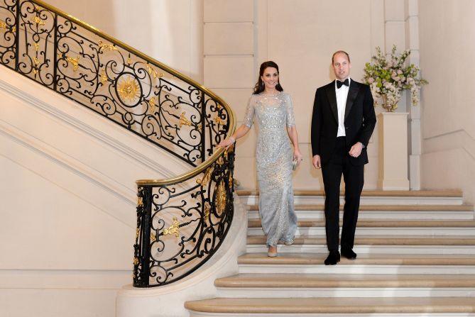 The Duchess of Cambridge often turns to British designer Jenny Packham for her eveningwear. For a dinner at the British embassy in Paris in 2017, she arrived in an icy Jenny Packham dress dripping in jewels. 