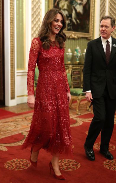 At a reception at Buckingham Palace in 2020, the duchess arrived in a shimmering Needle & Thread sequined frock.
