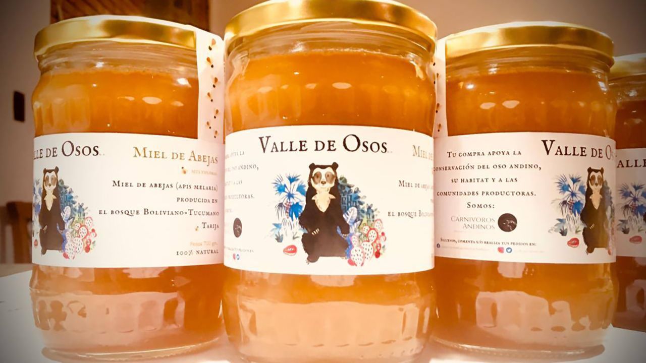 The honey's label references the bears, as they are at the root of the project, says Velez-Liendo.