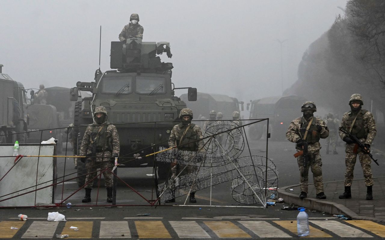 Troops are seen at the main square in Almaty on January 6.