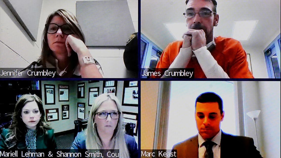 Jennifer Crumbley, top left, and James Crumbley, top right, attend a court hearing Friday through video conference. 
