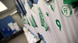 DOHA, QATAR - JUNE 24:   General View of Comoros kit in the team dressing room prior to the FIFA Arab Cup 2021 Qualifying match between Palestine and Comoros at Jassim Bin Hamad Stadium on June 24, 2021 in Doha, Qatar. (Photo by Mohamed Farag - FIFA/FIFA via Getty Images)