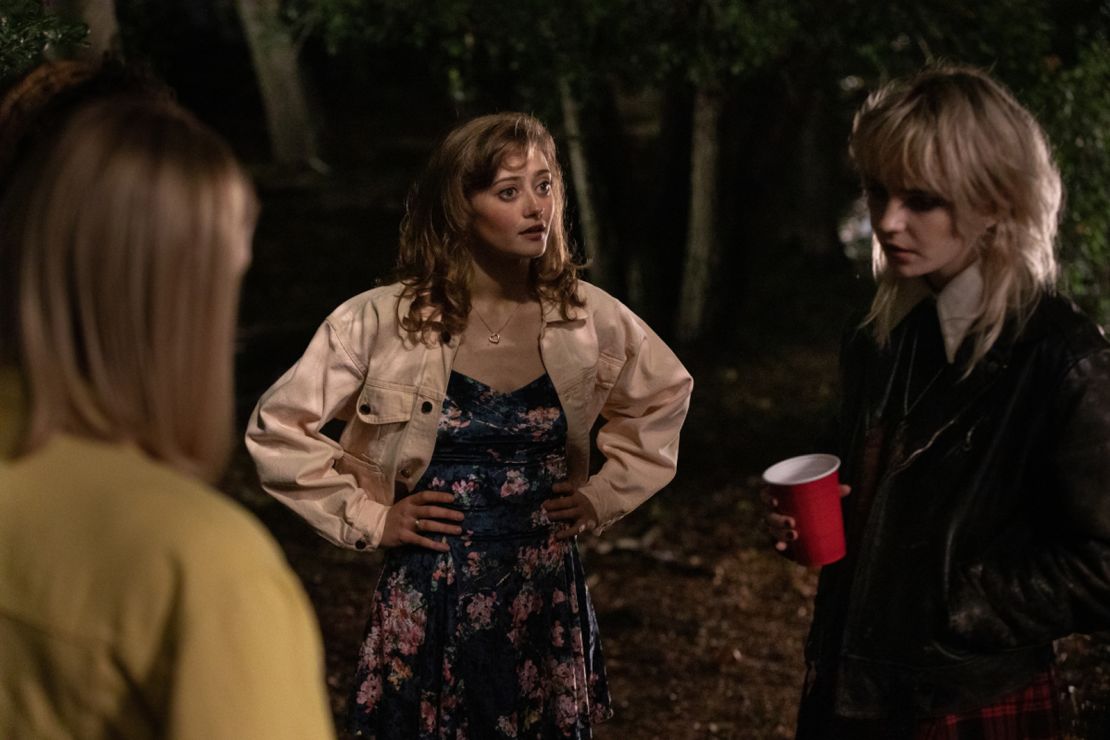 Ella Purnell as Teen Jackie and Sophie Thatcher as Teen Natalie in "Yellowjackets." 