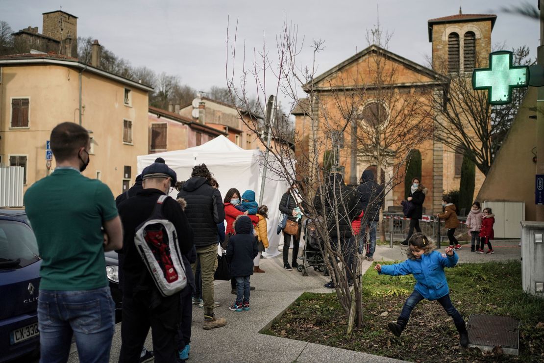 A Covid-19 testing site in Albigny-sur-Saone, central France. French schools are struggling amid an Omicron wave, and new testing and tracing rules for classrooms are exacerbating already long lines.